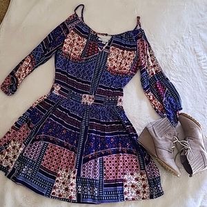 American Eagle - Blue Multipattern Bohemian Cold Shoulder Dress